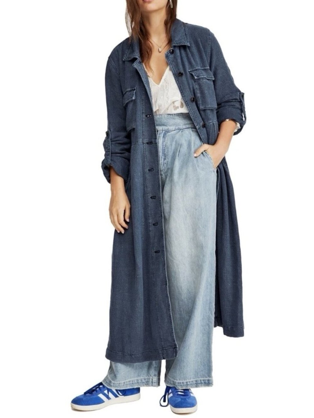 Free People Women’s Size M Duster Coat Dress Long Blue Button Front Boho - Picture 2 of 13